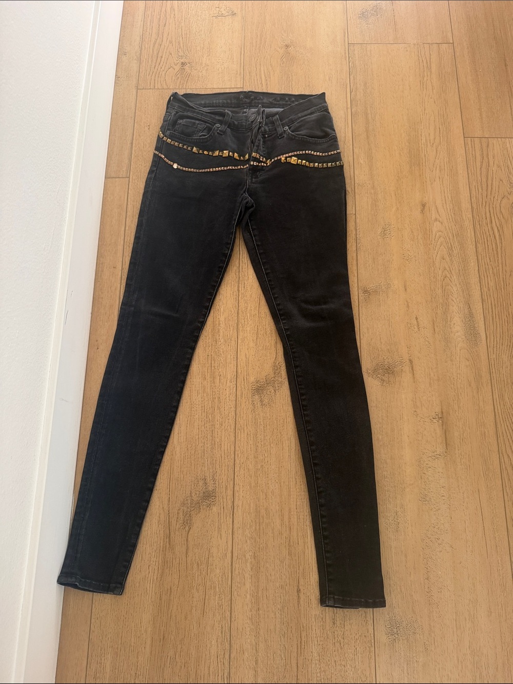 7 For All Mankind Black Skinny Jeans with Gold Stud Trim